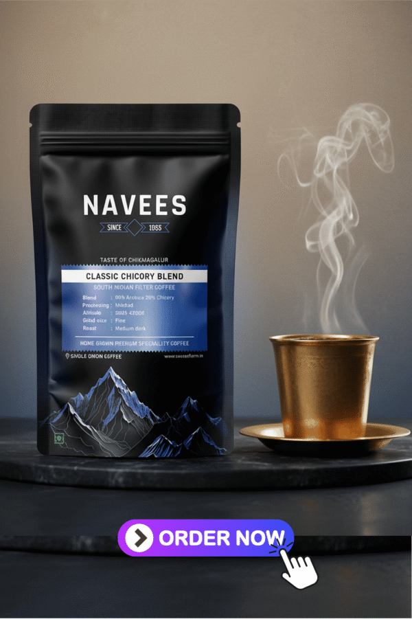 Navees Classic Chicory Blend pack with a steaming filter coffee. Order now