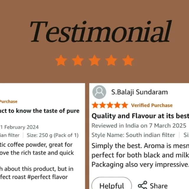 Testimonial graphic with five stars and two Amazon customer reviews of Navees South Indian filter coffee